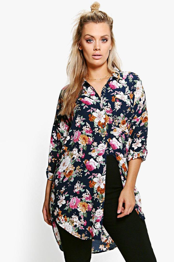 Boohoo Plus Jamie Floral Oversize Shirt Navy
