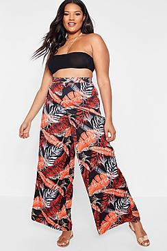 Boohoo Plus Cait Tropical Print Wide Leg Trouser