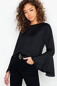 Boohoo Satin Flare Sleeve Tie Back Blouse