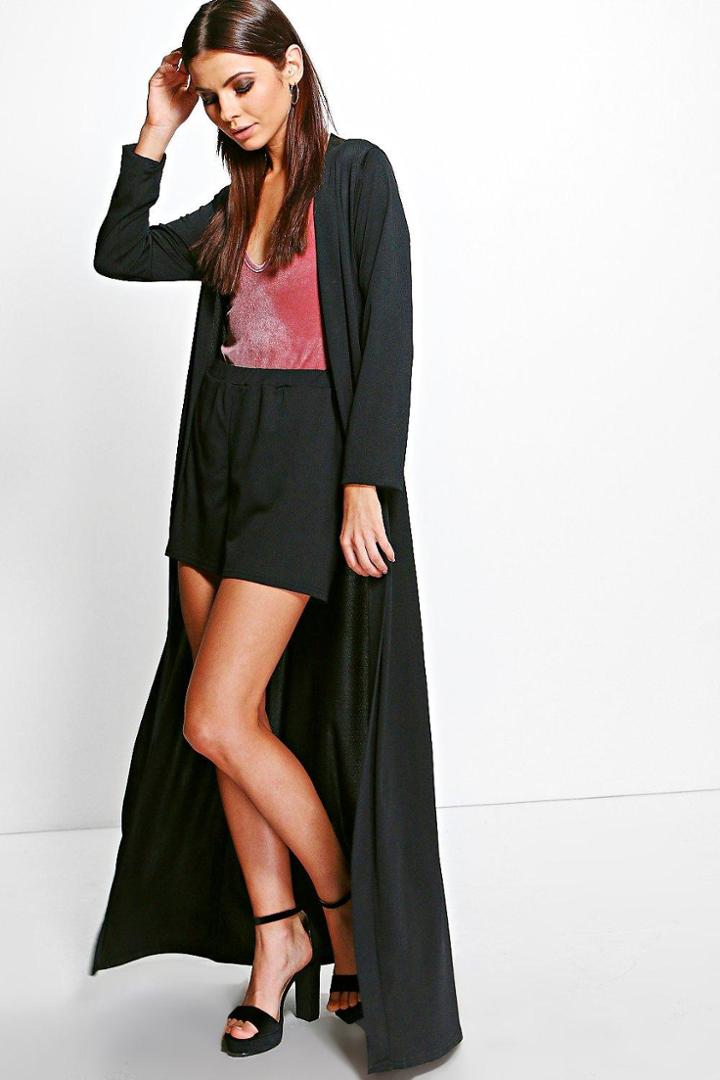 Boohoo Audrina Tie Waist Texture Duster & Short Co-ord Black