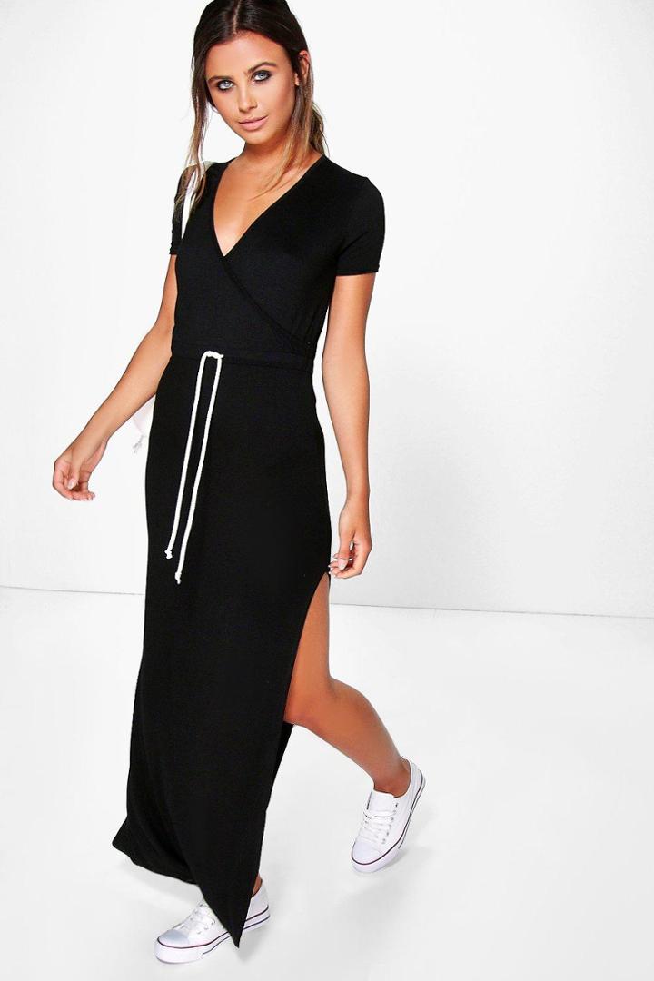 Boohoo Petite Jo Wrap Front Drawstring Waist Maxi Dress Black