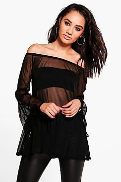 Boohoo Petite Jane Mesh Bardot Top