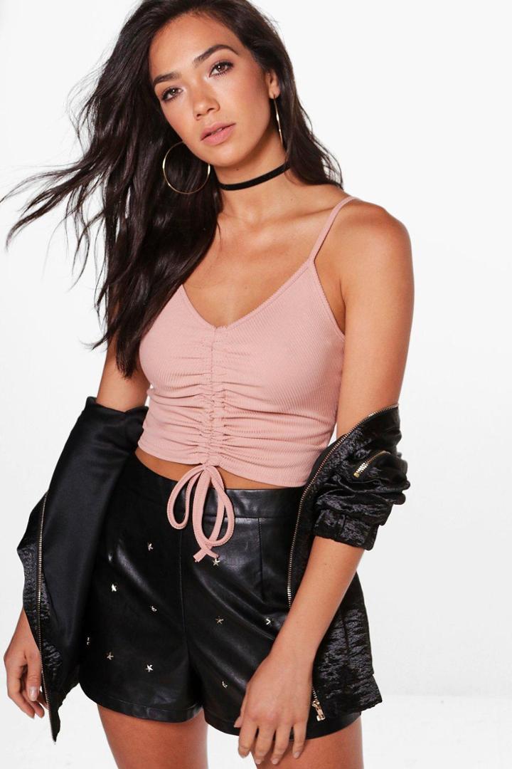 Boohoo Isabelle Ruched Front Rib Basic Crop Rose