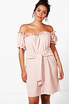 Boohoo Plus Lucie Off The Shoulder Tie Waist Shift Dress