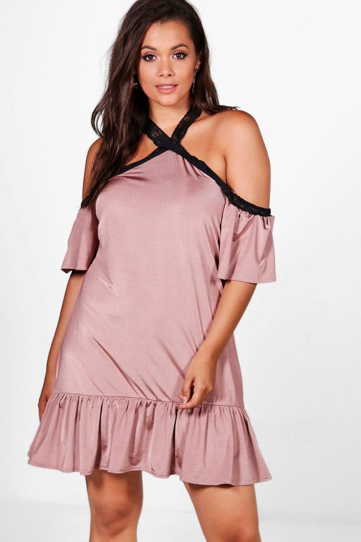 Boohoo Plus Elsa Ruffle Hem Open Shoulder Dress Blush