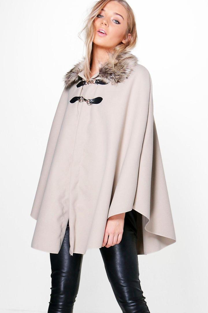 Boohoo Julia Faux Fur Collar Wool Look Cape Stone