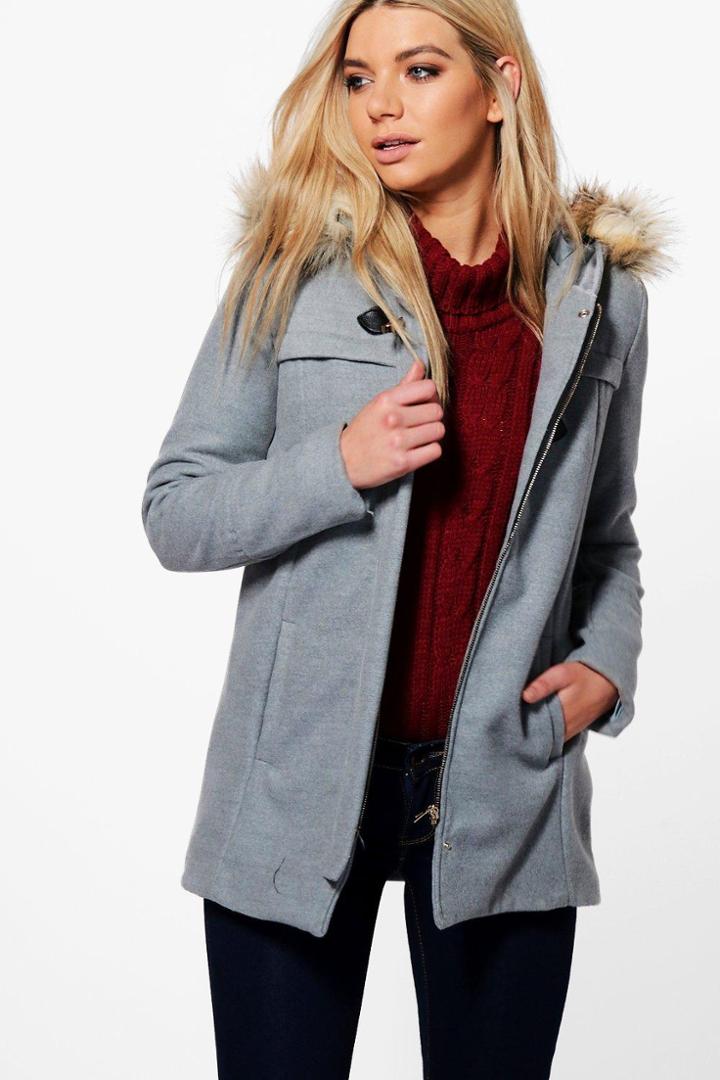 Boohoo Alexandra Buckle Front Faux Fur Coat Grey