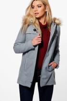 Boohoo Alexandra Buckle Front Faux Fur Coat Grey