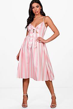 Boohoo Kasey Bow Front Striped Skater Dress