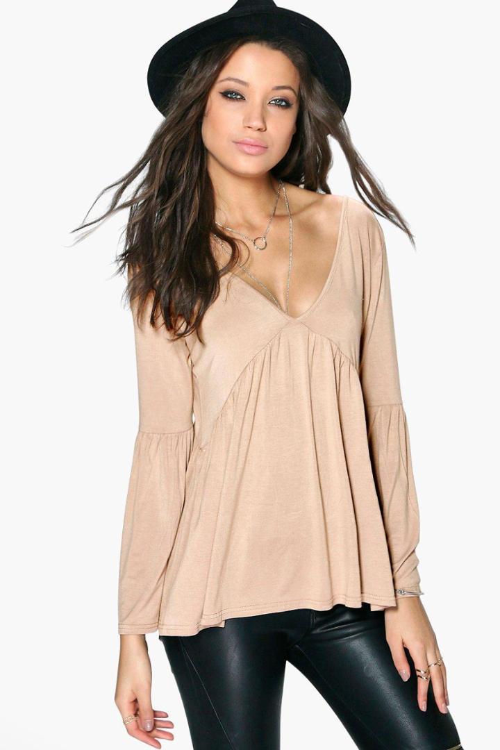 Boohoo Tall Erika Long Sleeve Smock Top Sand