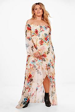 Boohoo Plus Melissa Off The Shoulder Floral Midi Dress