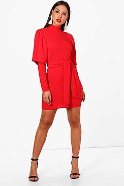 Boohoo Flared Sleeve Tie Waist Bodycon Dress