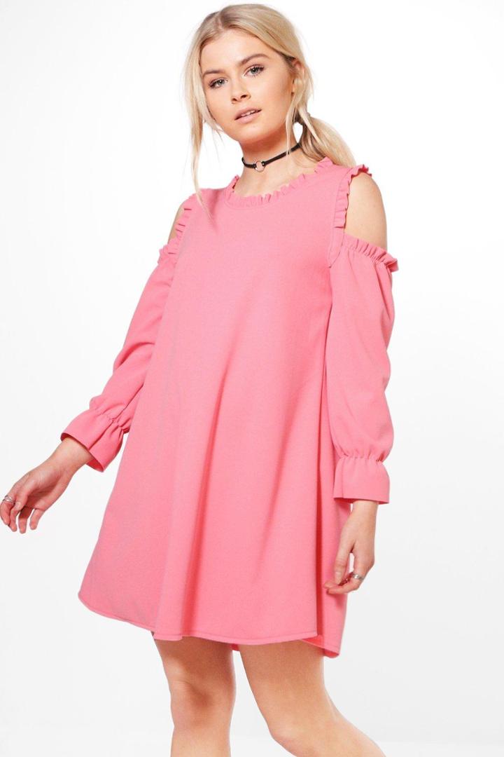 Boohoo Liz Cold Shoulder Ruffle Sleeve Dress Coral