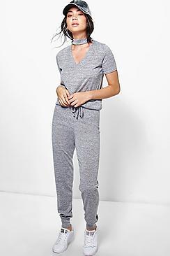 Boohoo Bella Choker Jumper And Jogger Knit Lounge Set