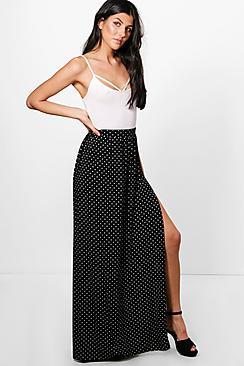 Boohoo Lia Polka Dot Thigh Split Floor Sweeping Maxi Skirt