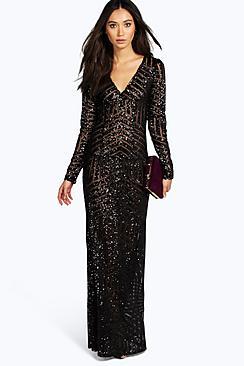 Boohoo Boutique Mia Sequin & Mesh Plunge Neck Maxi Dress