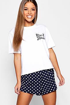 Boohoo Petite Rise & Shine Slogan Pj Shorts Set
