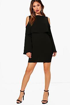 Boohoo Cold Shoulder Double Layer Long Sleeve Dress