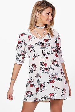 Boohoo Felicity Floral Tie Neck Shift Dress