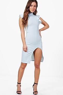 Boohoo Petite Leona Frill Shoulder Split Leg Midi Dress