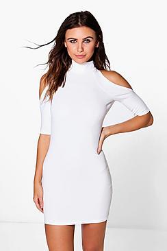 Boohoo Petite Rhianne Cold Shoulder Turtle Neck Dress