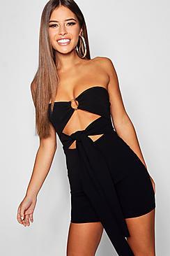 Boohoo Petite O Ring Tie Front Bodycon Dress