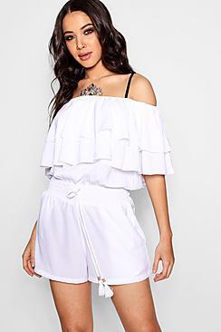Boohoo Bardot Ruffle Beach Playsuit