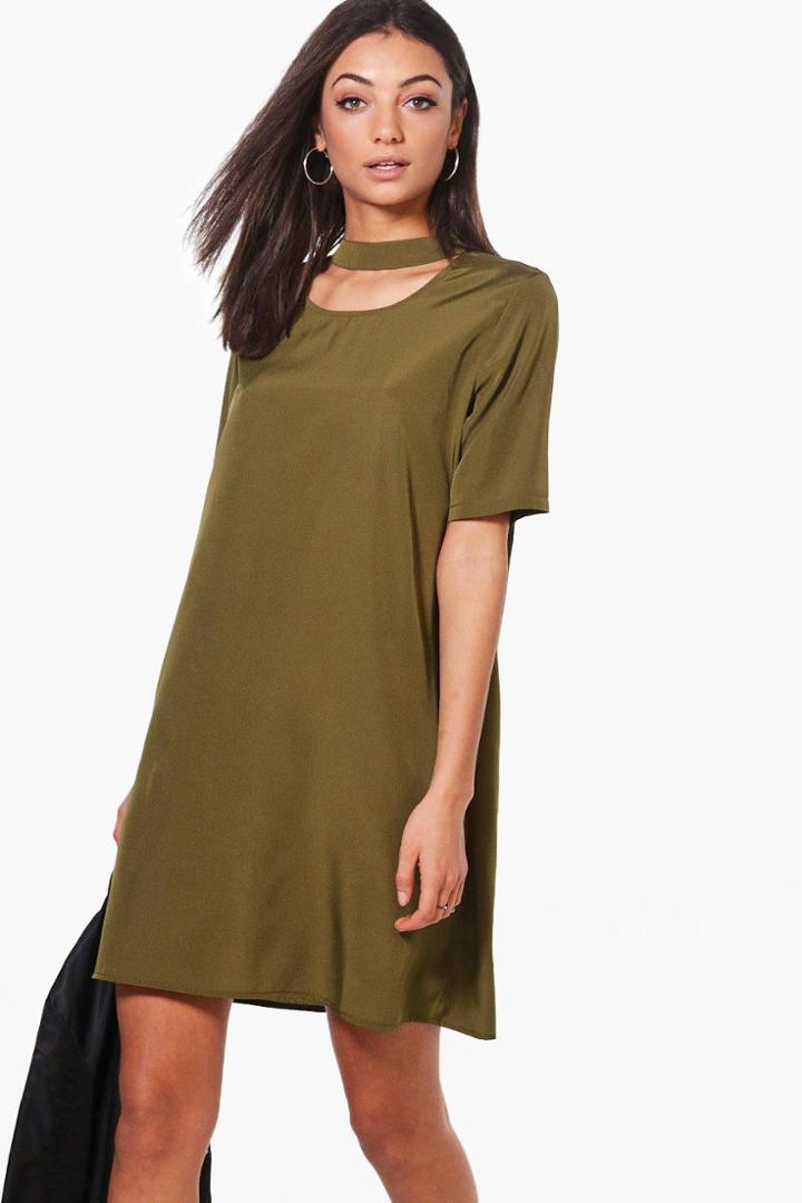 Boohoo Tall Priya Woven Choker Shift Dress Khaki