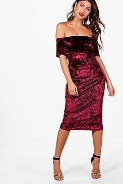 Boohoo Crushed Velvet Bardot Midi Dress