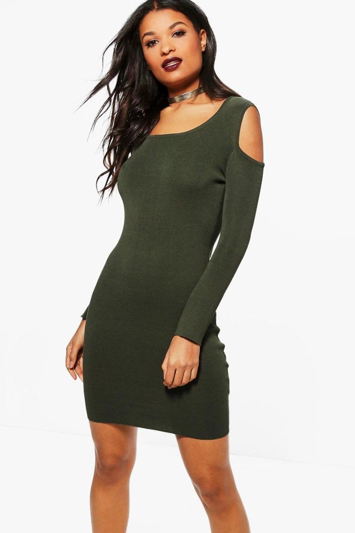 Boohoo Ambrosia Cold Shoulder Ribbed Dress Khaki