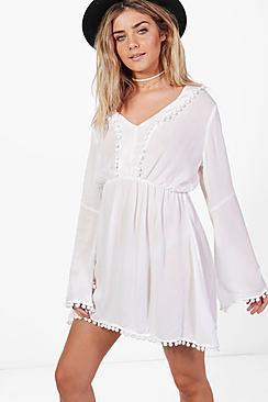Boohoo Taylor Cheesecloth Pom Pom Skater Dress
