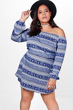 Boohoo Plus Ellie Elephant Paisley Print Off The Shoulder Dress