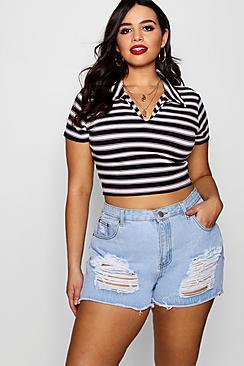 Boohoo Plus Stripe Rib Short Sleeve Polo Top