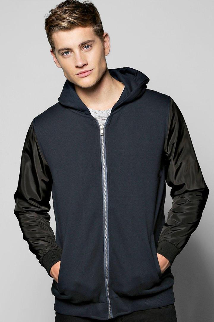 Boohoo Jersey Lined Ma1 Bomber Jacket With Nylon Sleeves Navy
