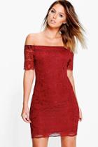 Boohoo Ayn Scallop Lace Off Shoulder Bodycon Dress Berry