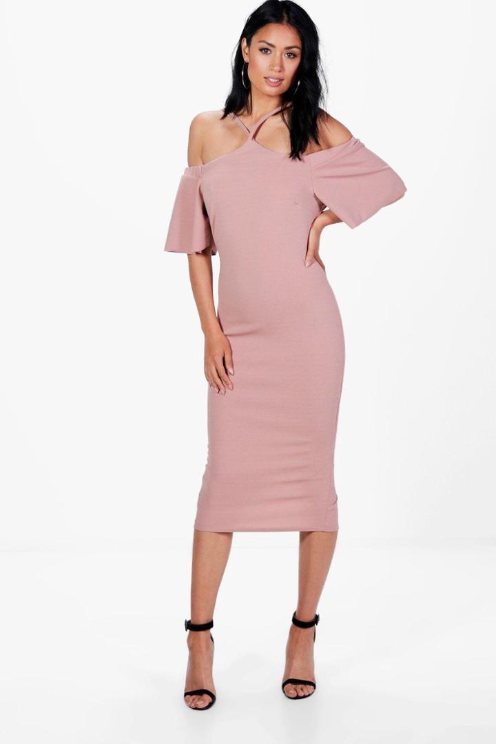 Boohoo Nina Strappy Cold Shoulder Midi Dress Rose