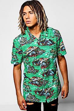 Boohoo Palm Tree Revere Collar Shorts Sleeve Shirt