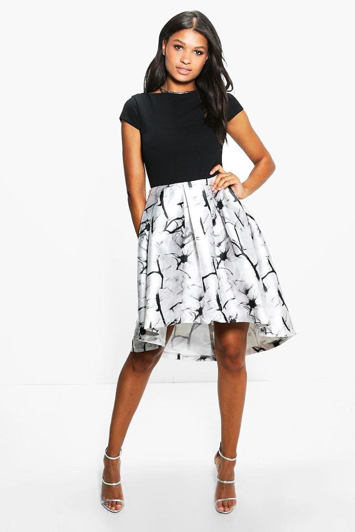 Boohoo Boutique Jay Sateen Printed Skirt Skater Dress Black