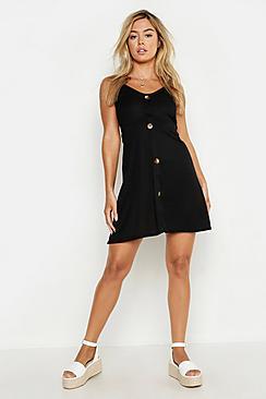 Boohoo Petite Ribbed Button Swing Dress