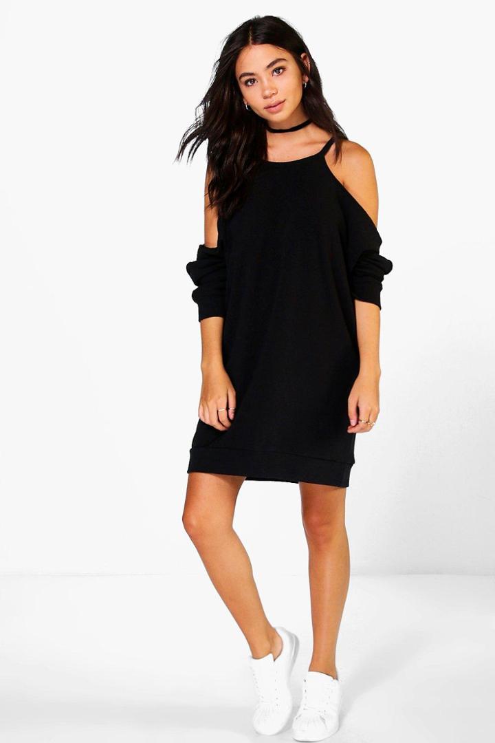 Boohoo Amber Cold Shoulder Knit Sweet Dress Black
