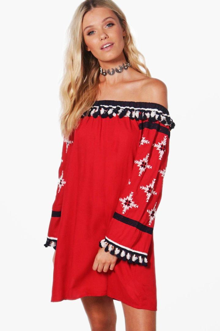 Boohoo Boutique Lila Off Shoulder Tassel Smock Dress Red