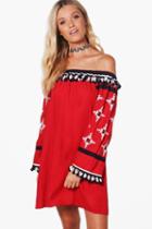 Boohoo Boutique Lila Off Shoulder Tassel Smock Dress Red