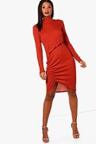 Boohoo Jo High Neck Asymmetric Ruched Midi Dress