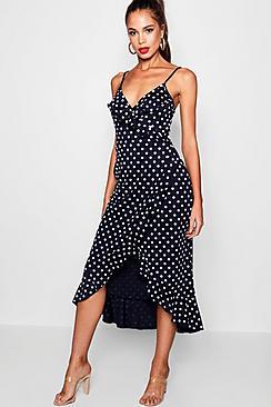 Boohoo Tall Polka Dot Ruffle Wrap Dress