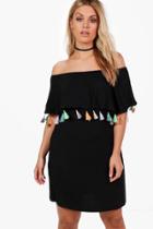 Boohoo Plus Olivia Tassle Trim Off The Shoulder Dress Black