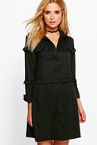 Boohoo Meghan Micro Ruffle Shirt Dress Black