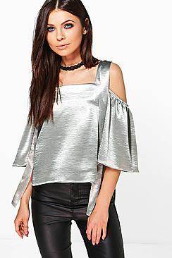 Boohoo Bethany Satin Strappy Cold Shoulder Top