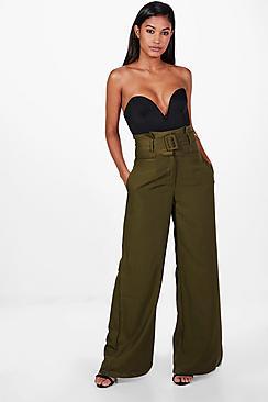 Boohoo Luisana Belted High Waist Tailored Wide Leg Trousers