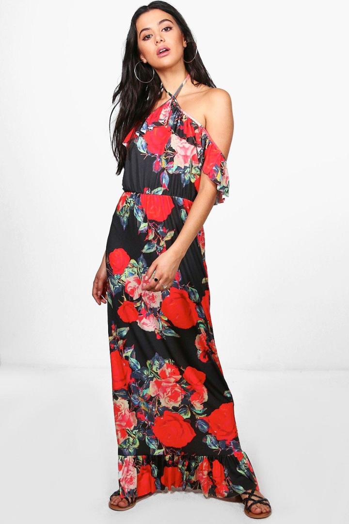 Boohoo Ali Cold Shoulder Ruffle Maxi Dress Black