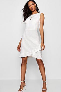 Boohoo Tall Pinstripe Ruffle Dress